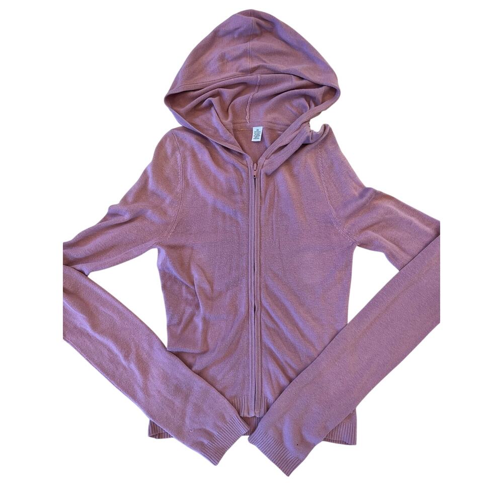 Vintage Y2K Dusty Pink Knit Zip Up Hoodie XS Fitted Stretch Lightweight Sweater